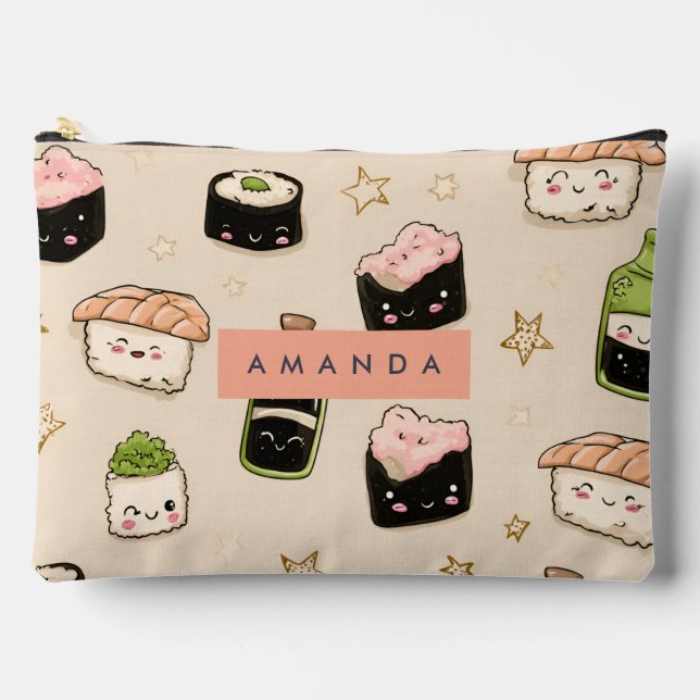 Personalized Adorable Sushi and Soy Sauce Pattern Accessory Pouch (Front)