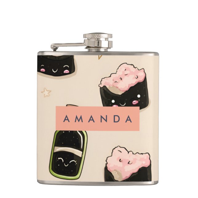 Personalized Adorable Sushi and Soy Sauce Pattern Flask (Front)