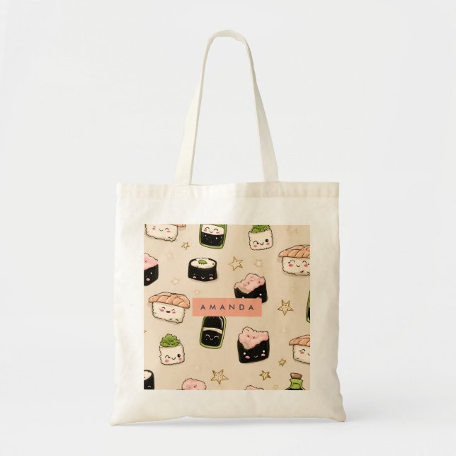Personalized Adorable Sushi and Soy Sauce Pattern Tote Bag (Front)