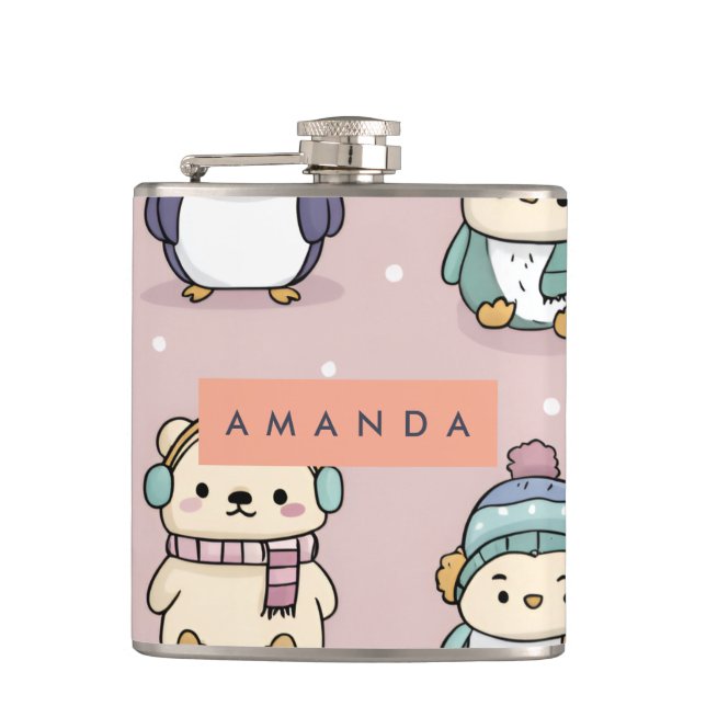 Personalized Adorable Winter Penguin Pattern Flask (Front)