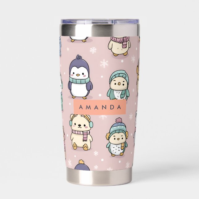 Personalized Adorable Winter Penguin Pattern Insulated Tumbler (Front)