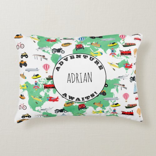 Personalized Adventure Awaits World Map Vehicles Accent Pillow