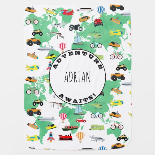 Personalized Adventure Awaits World Map Vehicles Baby Blanket