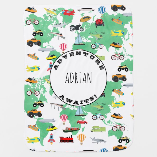Personalized Adventure Awaits World Map Vehicles Baby Blanket (Front)