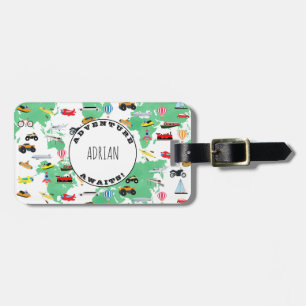 Personalized Adventure Awaits World Map Vehicles Luggage Tag