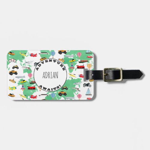 Personalized Adventure Awaits World Map Vehicles Luggage Tag