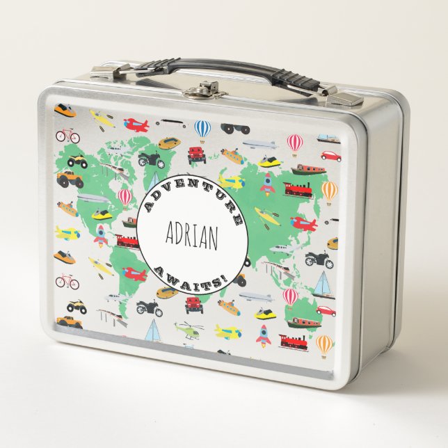 Personalized Adventure Awaits World Map Vehicles Metal Lunch Box (Front)