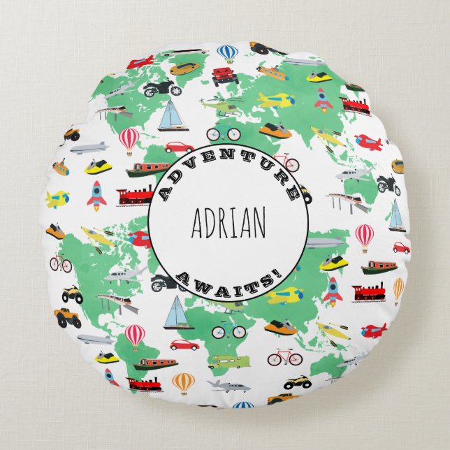Personalized Adventure Awaits World Map Vehicles Round Pillow (Front)