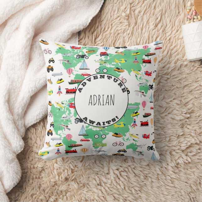 Personalized Adventure Awaits World Map Vehicles Throw Pillow (Blanket)
