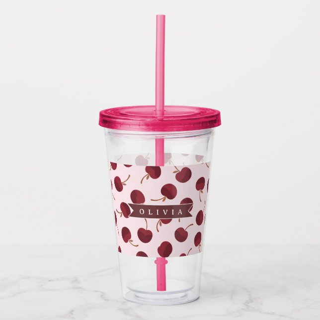 Personalized Aesthetic Cherry Pattern Name Gift Acrylic Tumbler (Front)