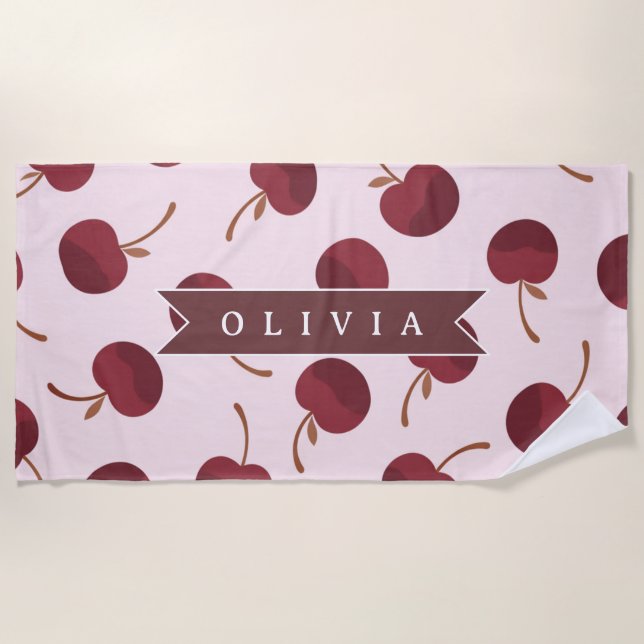 Personalized Aesthetic Cherry Pattern Name Gift Beach Towel (Front)