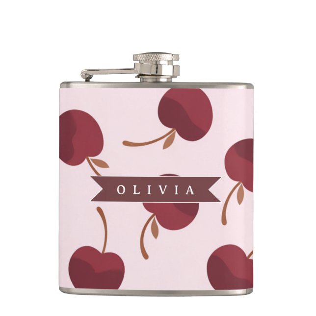 Personalized Aesthetic Cherry Pattern Name Gift Flask (Front)