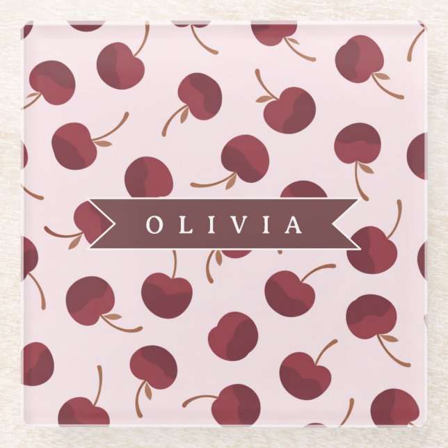 Personalized Aesthetic Cherry Pattern Name Gift Glass Coaster (Front)