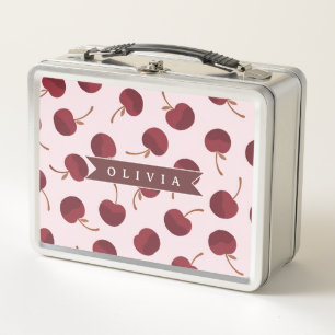 Personalized Aesthetic Cherry Pattern Name Gift Metal Lunch Box