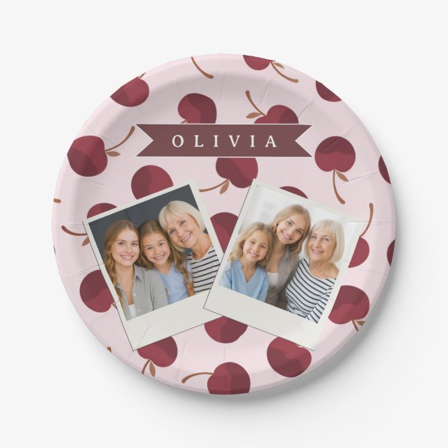 Personalized Aesthetic Cherry Pattern Name Gift Paper Plates (Front)