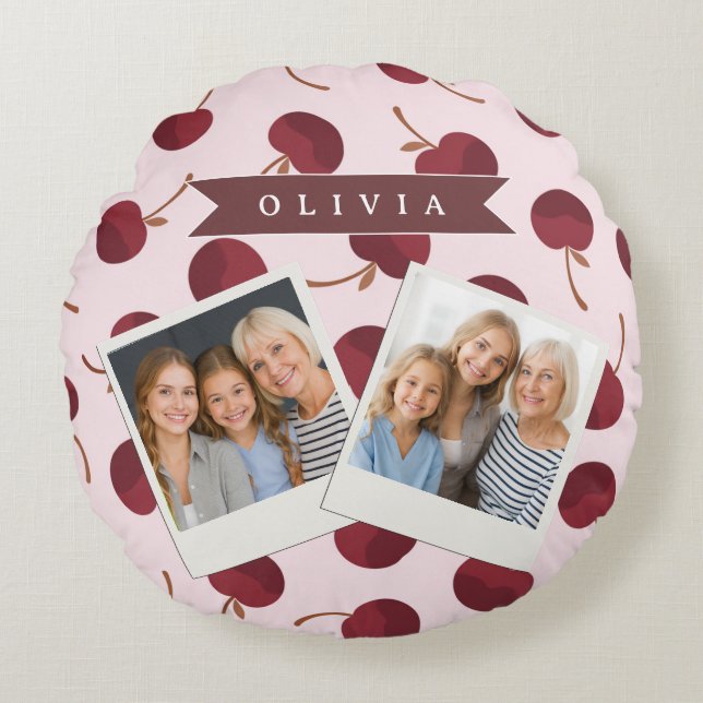 Personalized Aesthetic Cherry Pattern Name Gift Round Pillow (Front)