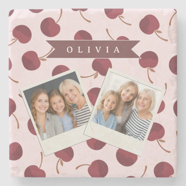 Personalized Aesthetic Cherry Pattern Name Gift Stone Coaster (Front)