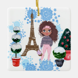 Personalized African American Girl Eiffel Tower Ceramic Ornament