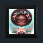 Personalized African American Girl with florals Gift Box<br><div class="desc">A serene animated girl lost in a story,  sitting amid a lush garden with her hair adorned with flowers and butterflies fluttering around.</div>