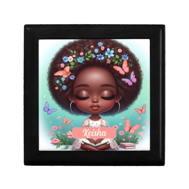 Personalized African American Girl with florals Gift Box (Front)