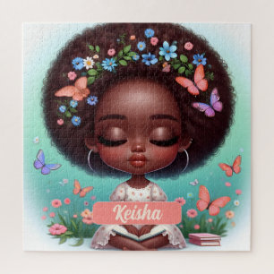 Personalized African American Girl with florals Jigsaw Puzzle