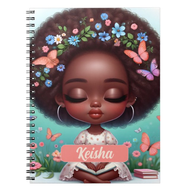 Personalized African American Girl with florals Notebook (Front)