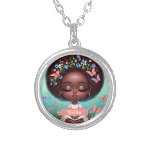 Personalized African American Girl with florals Silver Plated Necklace