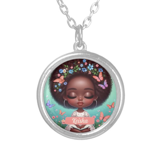 Personalized African American Girl with florals Silver Plated Necklace (Front)