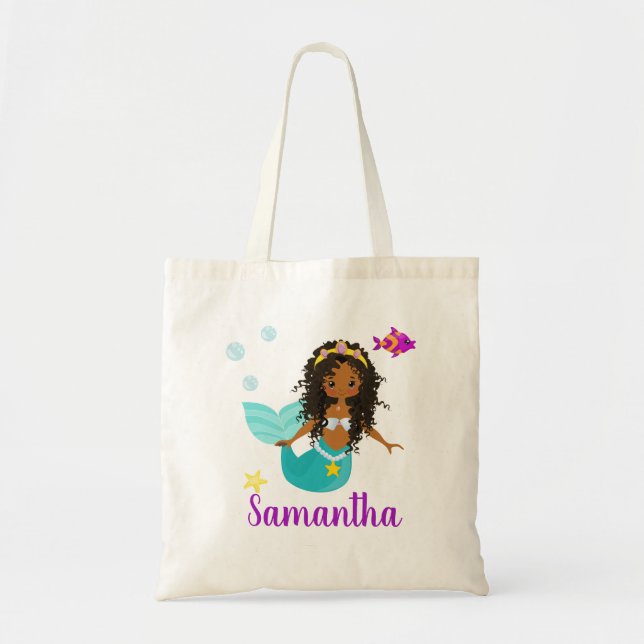 Personalized African American Mermaid Curly Hair Tote Bag (Front)