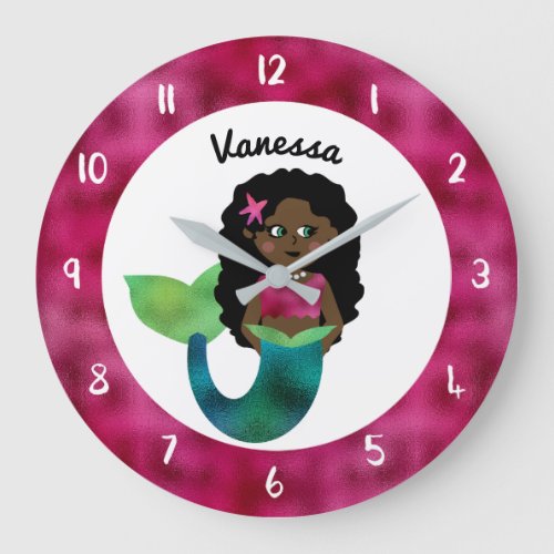 Personalized African American Mermaid Faux Foil Large Clock