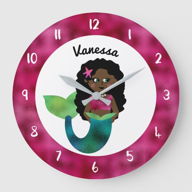Personalized African American Mermaid Faux Foil Large Clock (Front)