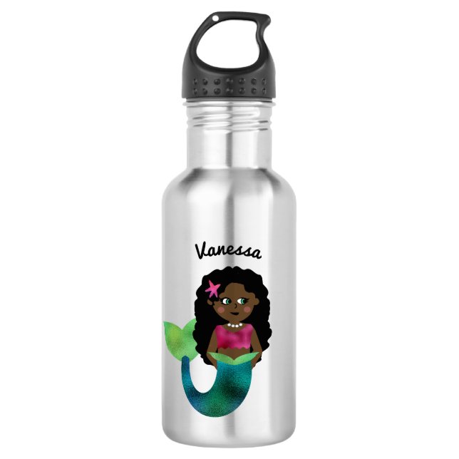 Personalized African American Mermaid Faux Foil Stainless Steel Water Bottle (Front)