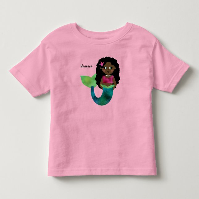 Personalized African American Mermaid Faux Foil Toddler T-shirt (Front)