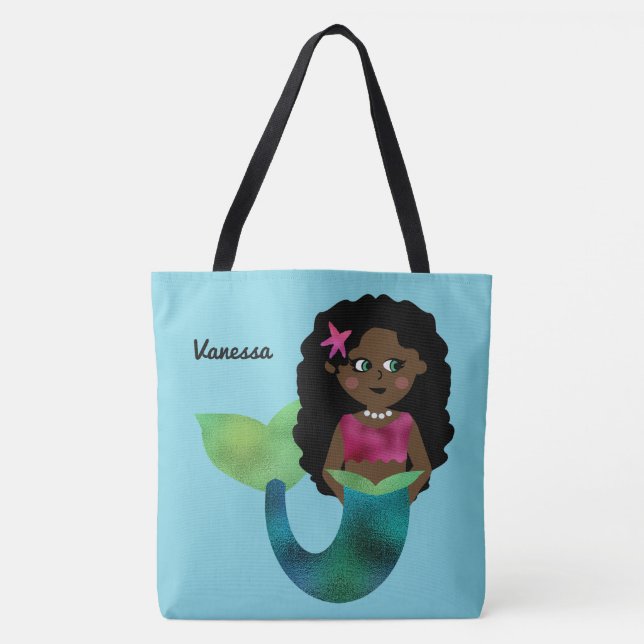 Personalized African American Mermaid Faux Foil Tote Bag (Front)