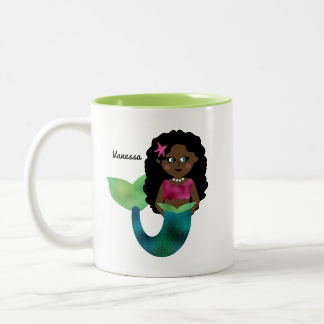Personalized African American Mermaid Faux Foil Two-Tone Coffee Mug (Left)
