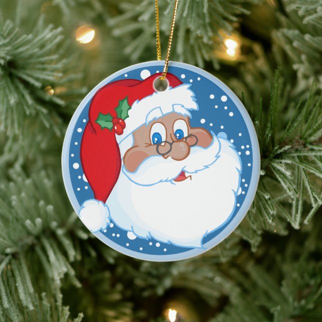 Personalized African American Santa Christmas Ceramic Ornament (Tree)