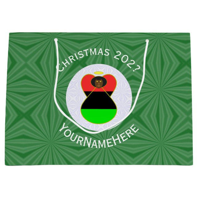 Personalized African Diaspora Angel Christmas Flag Large Gift Bag (Front)