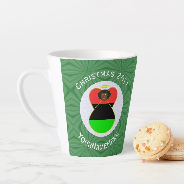 Personalized African Diaspora Angel Christmas Flag Latte Mug (In Situ)