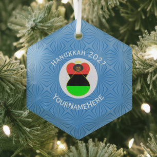 Personalized African Diaspora Angel Hanukkah Flag Glass Ornament