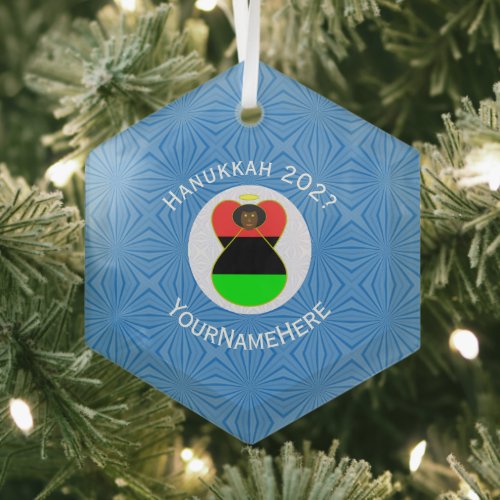 Personalized African Diaspora Angel Hanukkah Flag Glass Ornament