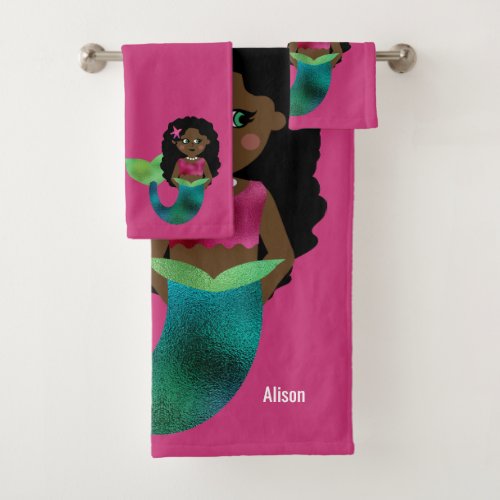 Personalized African Faux Foil Black Mermaid Cute Bath Towel Set