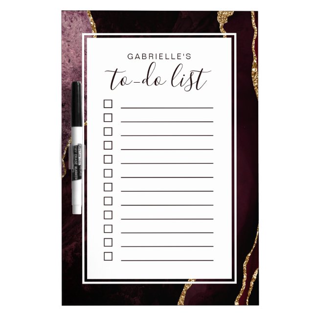 Personalized Agate Geode Burgundy Gold To Do List Dry Erase Board (Front)