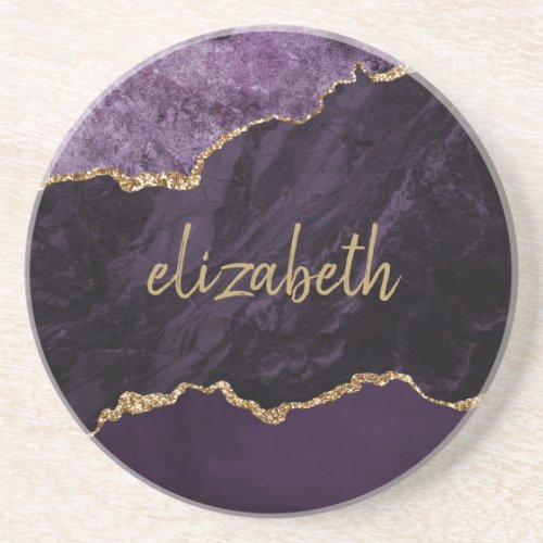 Personalized Agate Geode Purple Gold Sandstone Coaster