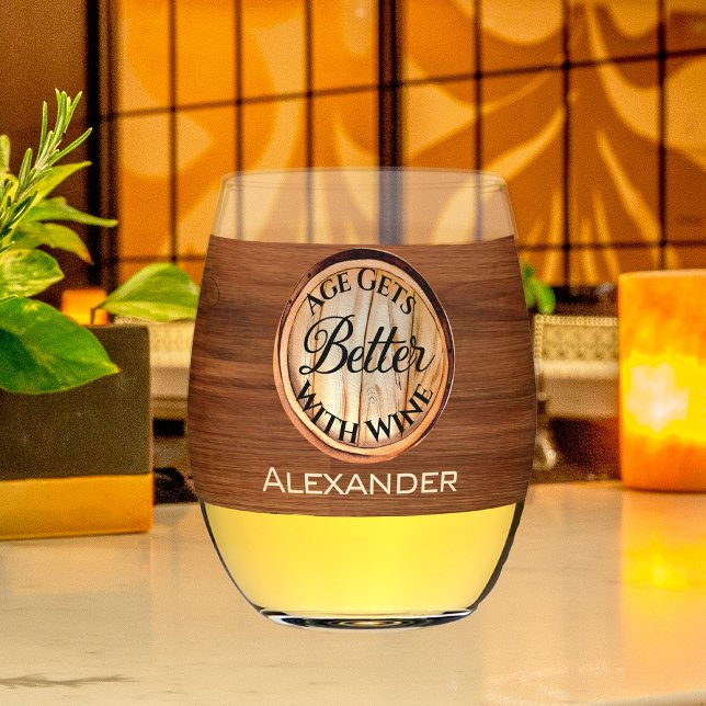 Personalized Age Gets Better With Wine Wood Tone Stemless Wine Glass (Creator Uploaded)