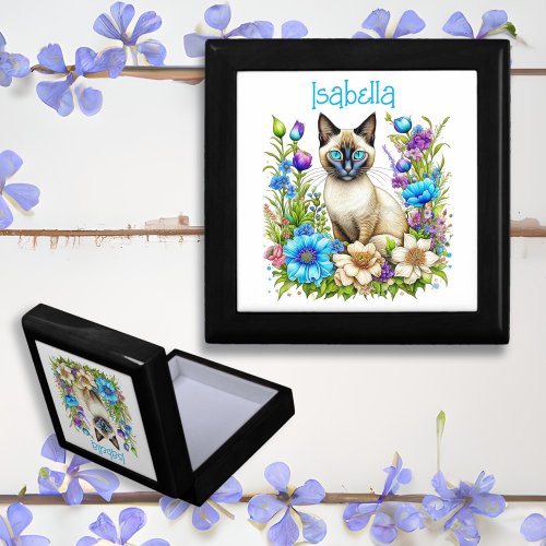 Personalized Ai Watercolor Siamese Cat in Flowers Gift Box