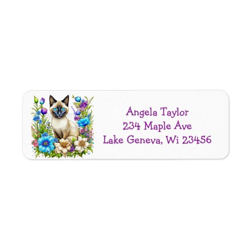 Personalized Ai Watercolor Siamese Cat in Flowers Label