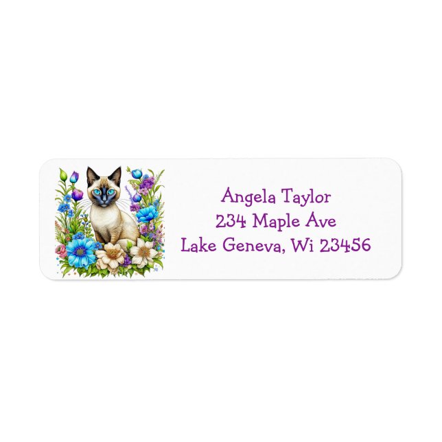 Personalized Ai Watercolor Siamese Cat in Flowers Label (Front)