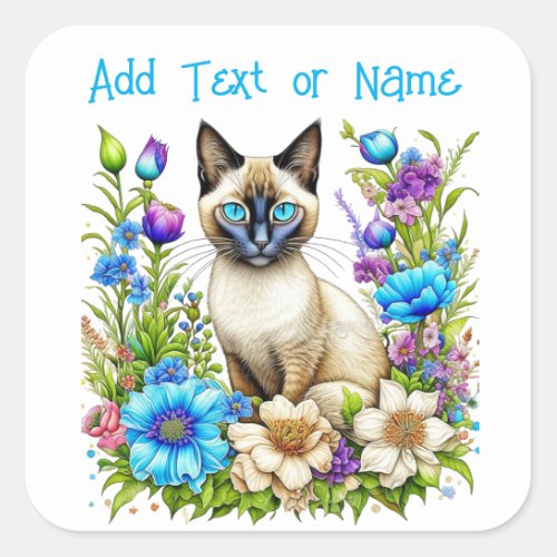 Personalized Ai Watercolor Siamese Cat in Flowers Square Sticker