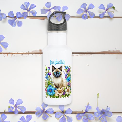 Personalized Ai Watercolor Siamese Cat in Flowers Stainless Steel Water Bottle