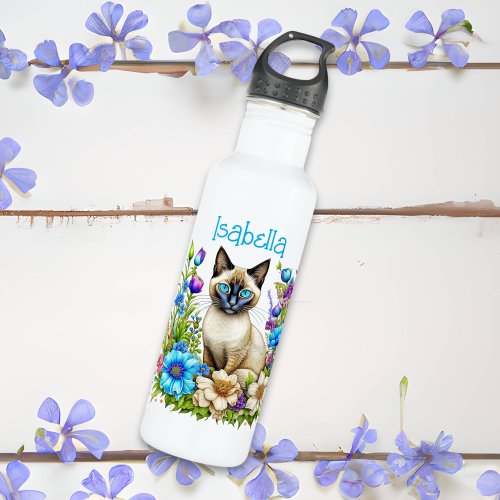 Personalized Ai Watercolor Siamese Cat in Flowers Stainless Steel Water Bottle